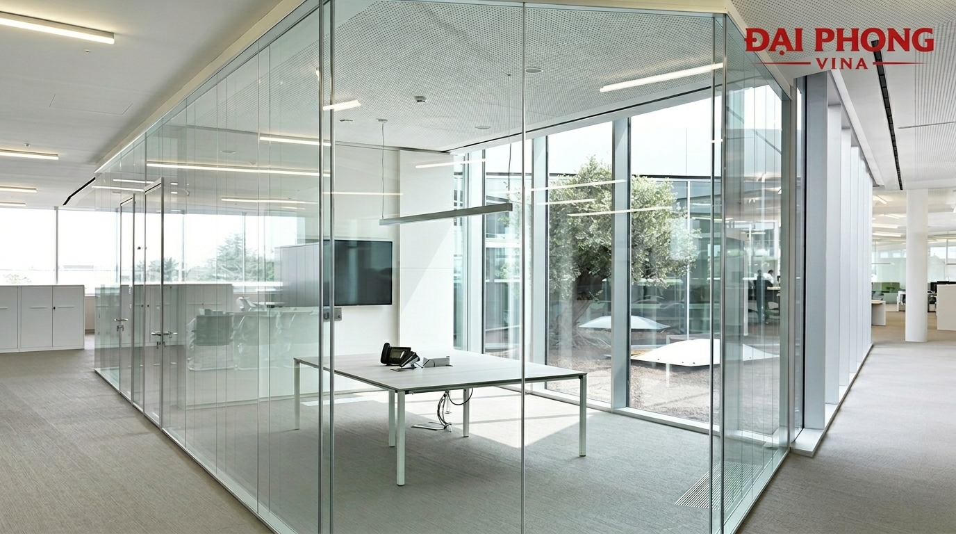 Vách ngăn kính cường lực bản lề sàn