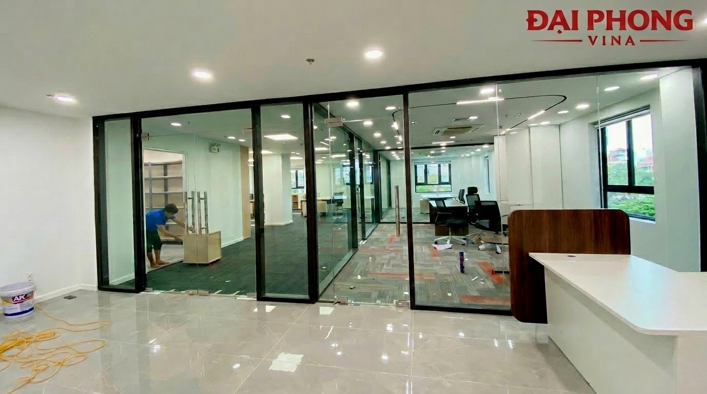 thi công và lắp đặt Vách ngăn kính cường lực bản lề sàn KCN Nội Bài