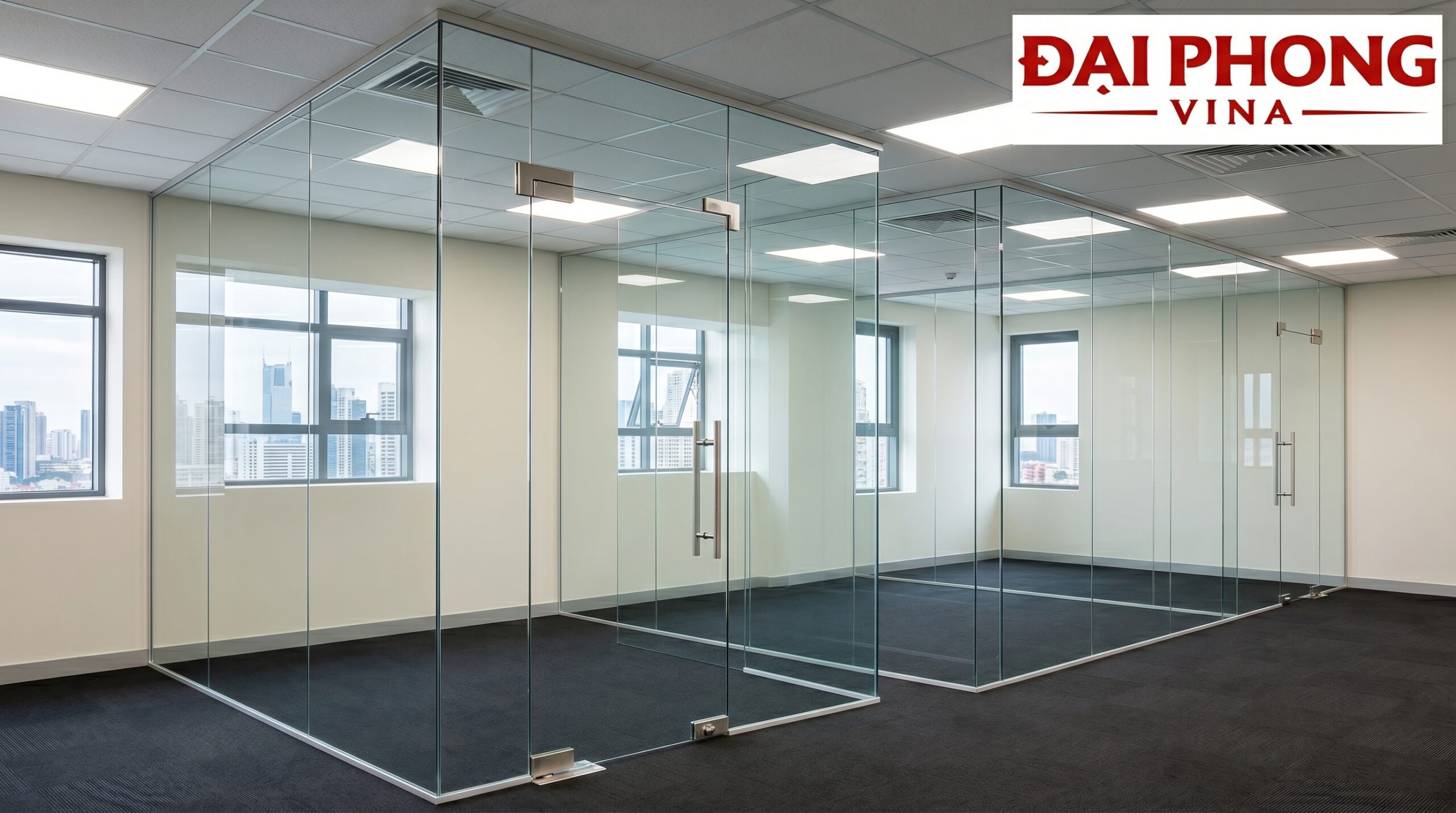 thi công và lắp đặt vách ngăn kính cường lực bản lề sàn KCN Hỗ trợ Nam Hà Nội giai đoạn II