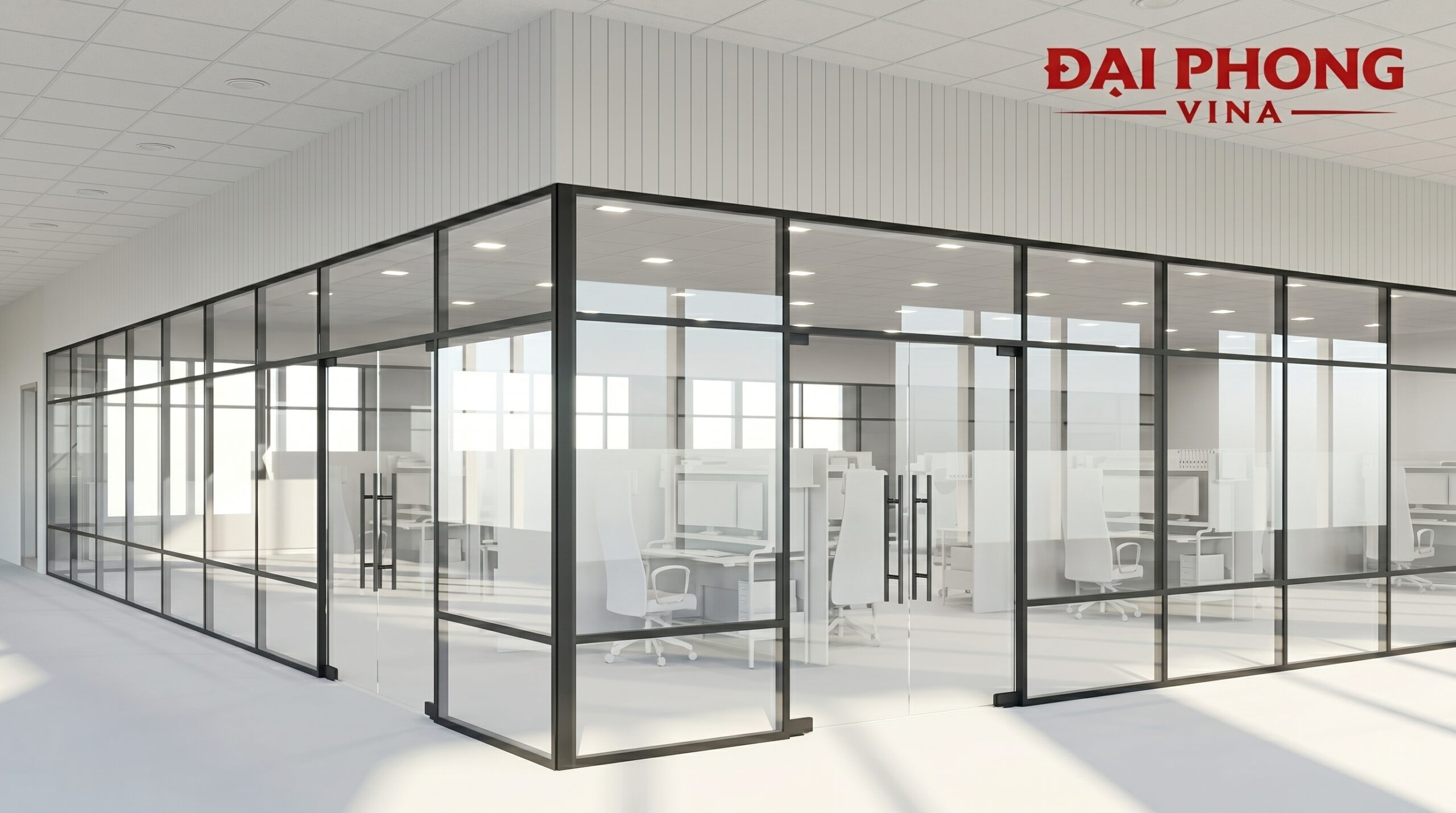 thi công và lắp đặt vách ngăn kính cường lực bản lề sàn KCN Văn Minh